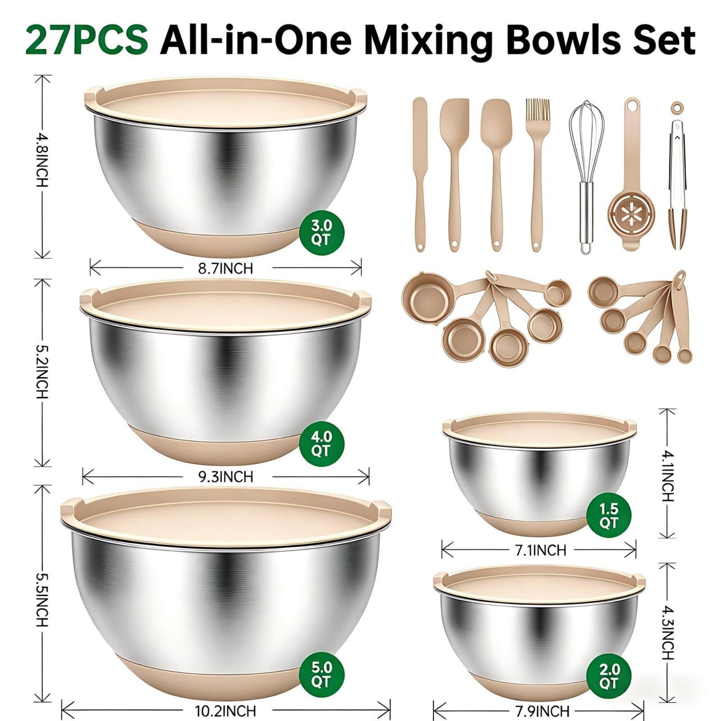 Deedro Premium Mixing Bowls with Airtight Lids Set, 22Pcs Thicker Stainless Steel Mixing Bowl Set, Large Prep Metal Bowls, Non-Slip Silicone Base Nesting Bowls for Kitchen, 1.5/2/3/4/5 QT, Khaki
