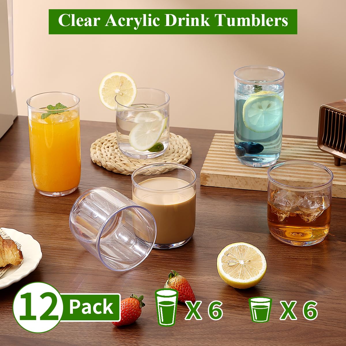 Kyraton Drinking Glasses Set of 12, PET Clear Plastic Highball Glasses 14oz & Whisky Cocktail Glasses Set 11.5oz, Heavy Duty Unbreakable Water Glasses Cup Tumbler Glassware for Beer, Juice, Milk