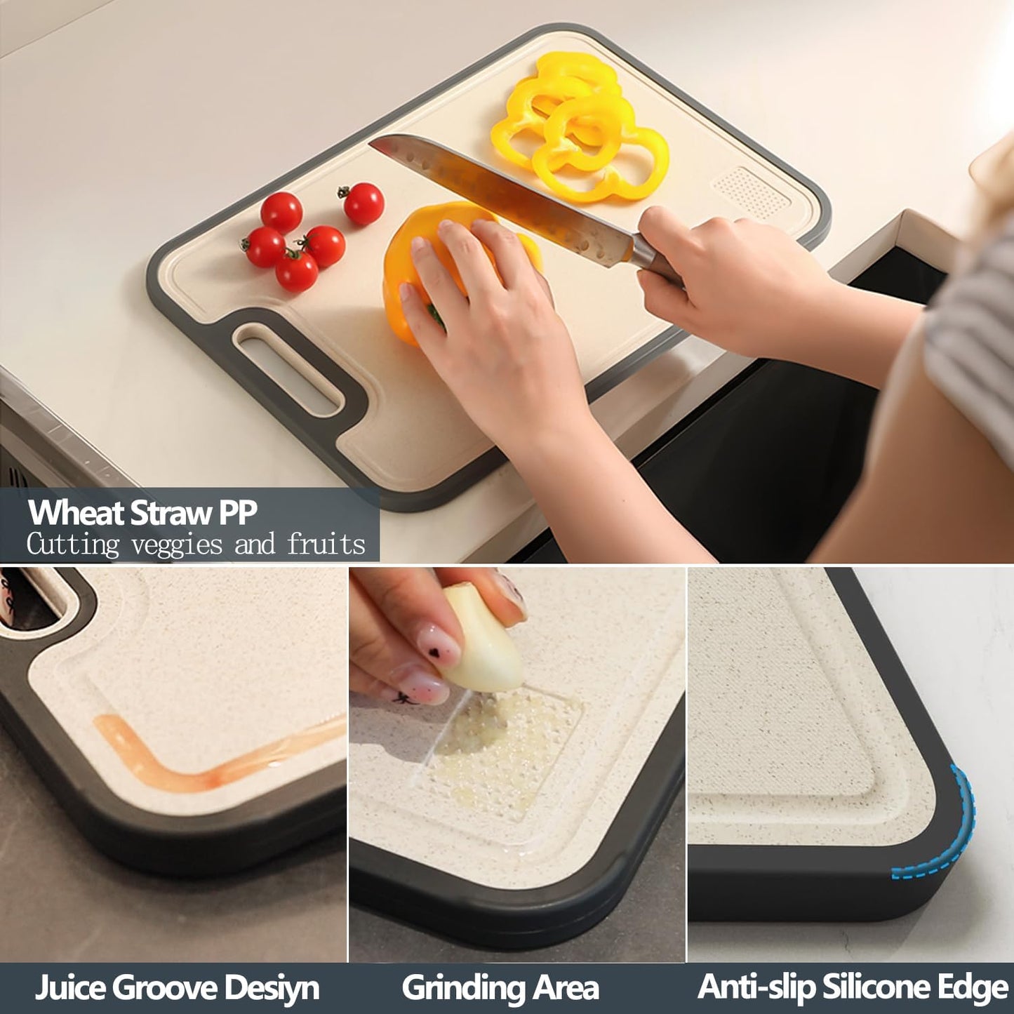 Stainless Steel Cutting Board - Double-Sided 304 Stainless & Wheat Straw | Non-Slip, Easy to Clean, Dishwasher Safe (16 x 11 In)