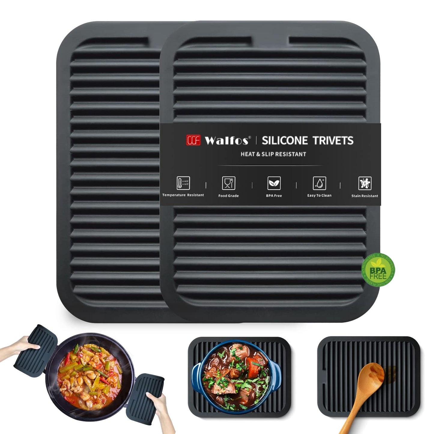 Walfos Trivets for Hot Dishes, Multi-Purpose Silicone Pot Holders, Hot Pads for Kitchen Hot Pots and Pans, Heat Resistant Silicone Mats for Kitchen Countertops, Non-Slip, 2 Pack, Black