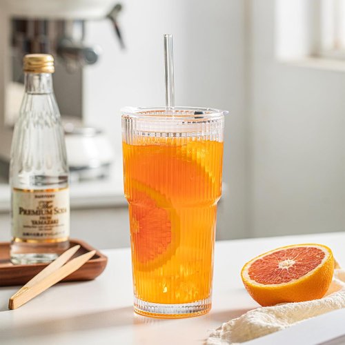 INSETLAN 20 oz Ribbed Glass Tumblers - 4-Piece Set with Lids & Straws | Durable Drinkware for Iced Coffee & Cocktails