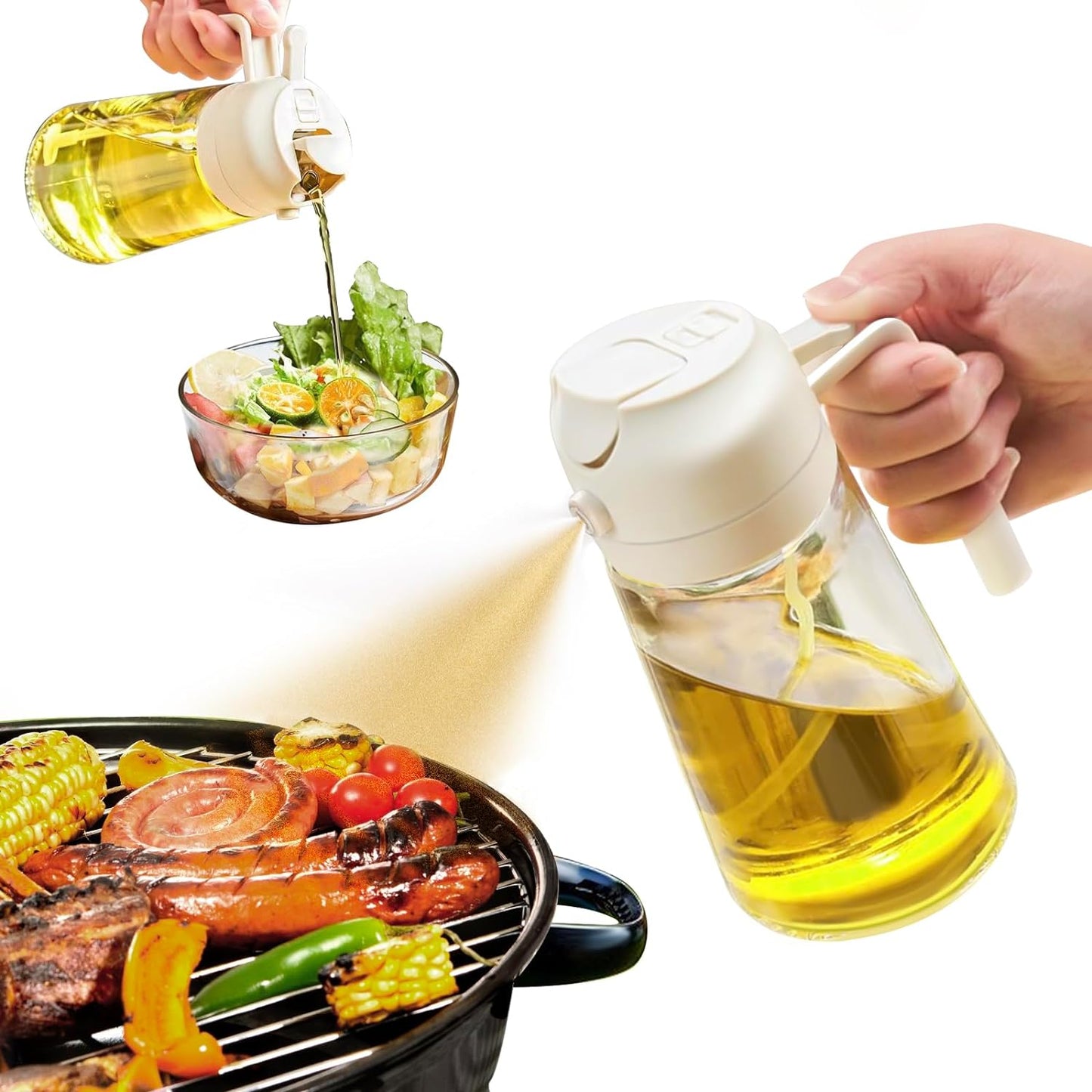 Oramo Oil Sprayer For Cooking, 16oz/470ml Glass Olive Oil Sprayer for Cooking with Stickers, 2 in 1 Oil Dispenser for Kitchen Gadgets, Food Grade Premium Spray Bottle with Portion Control. (Beige)