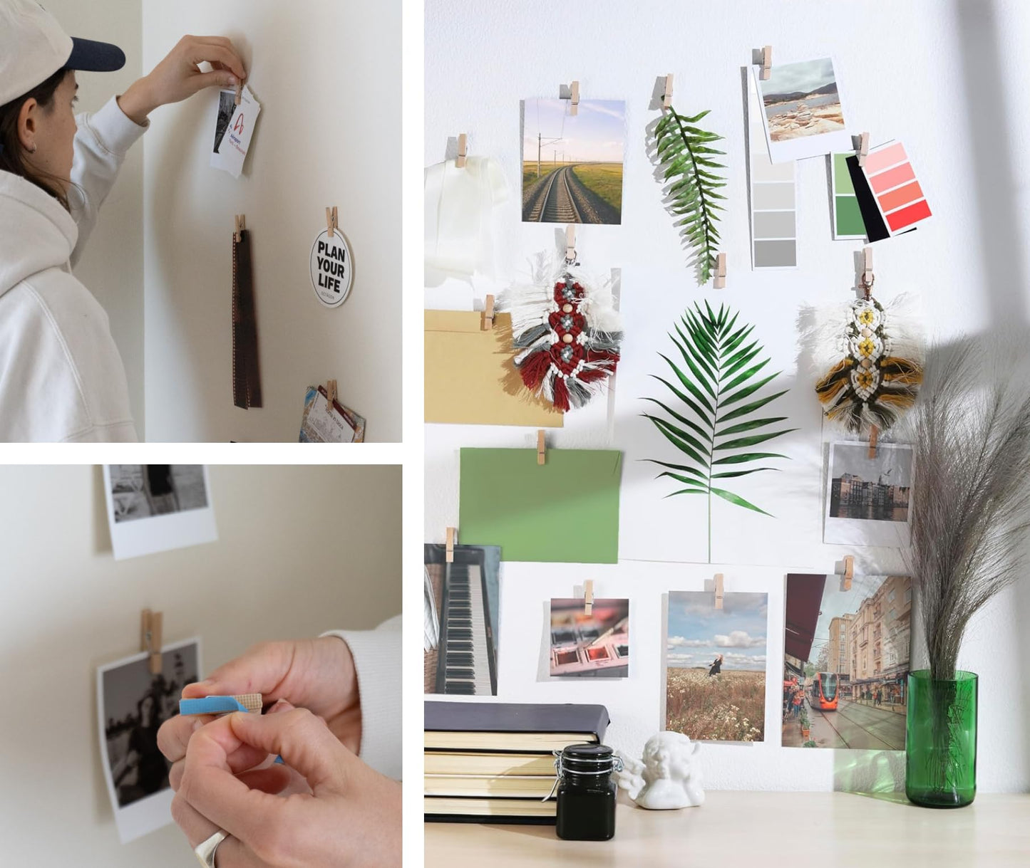 20 Pack Mini Self Adhesive Clips for Pictures - Beige Wood Clip Photo Holders for Wall, Poster Hanger, Photo Cards Hanging Display Board & Picture Boards, Artwork Photos Holders Hangers Room Decor