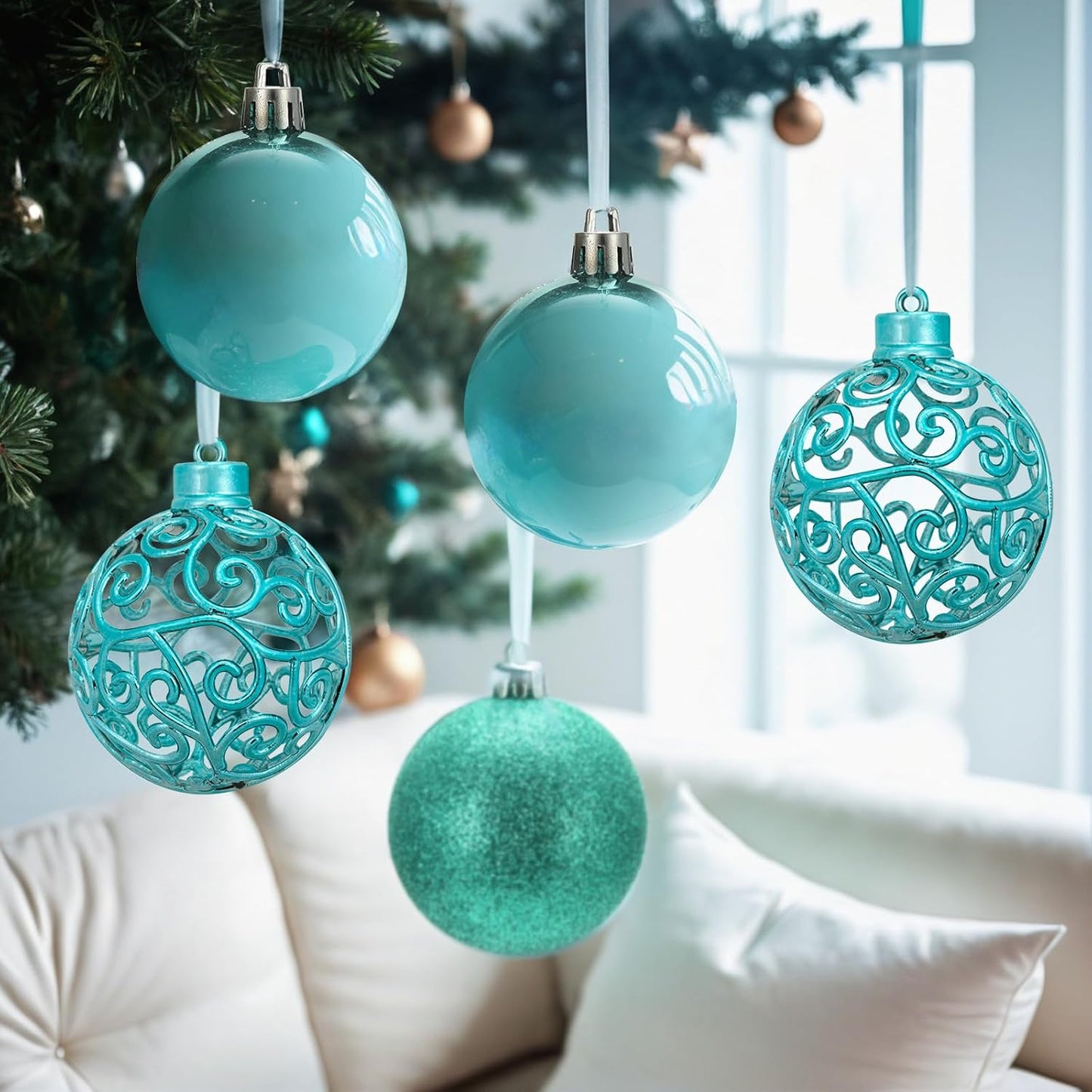 Turquoise Shatterproof Christmas Tree Ornaments - 24ct 60mm Holiday Decorations