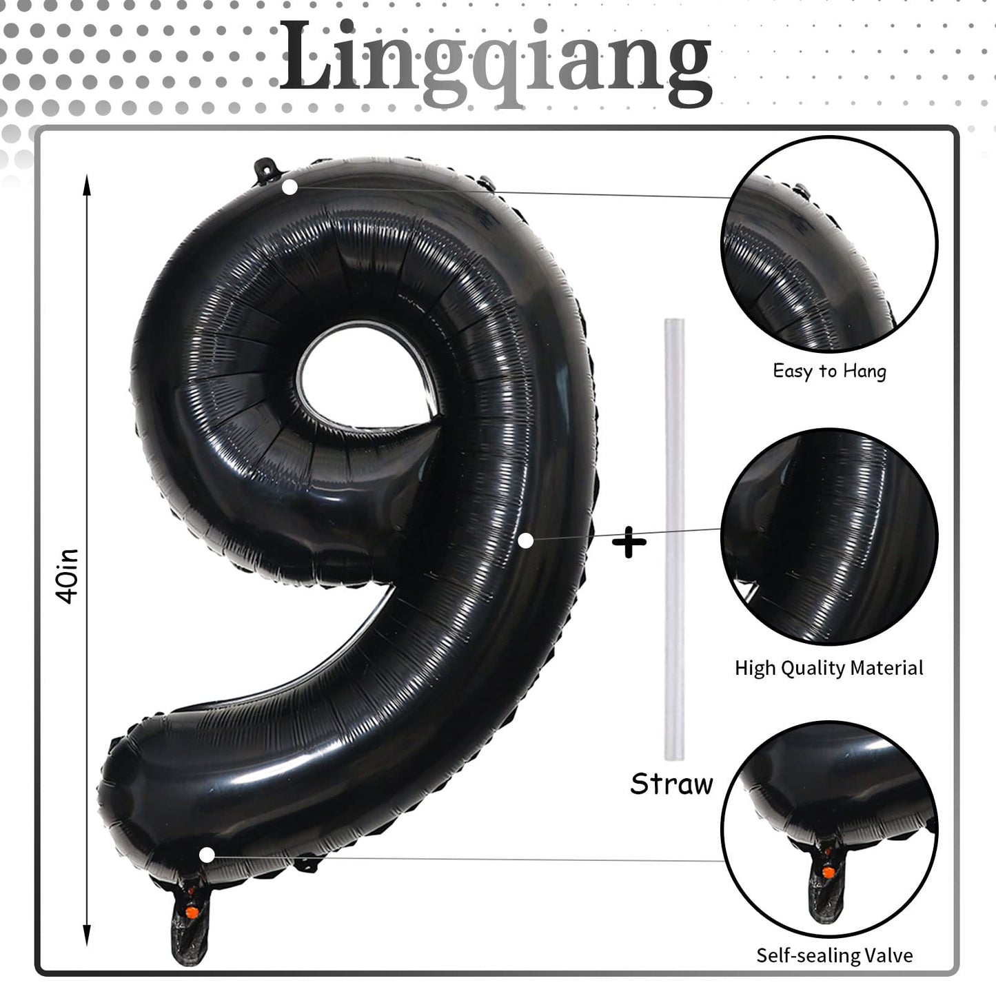 40'' Black Number 9 Balloons, Giant Self Inflating Foil Number Balloons Set 0-9, Large Digital 9 Helium Balloon for Girls Boys 9th Halloween Birthday Party Decorations Anniversary Photo Shoot Supplies