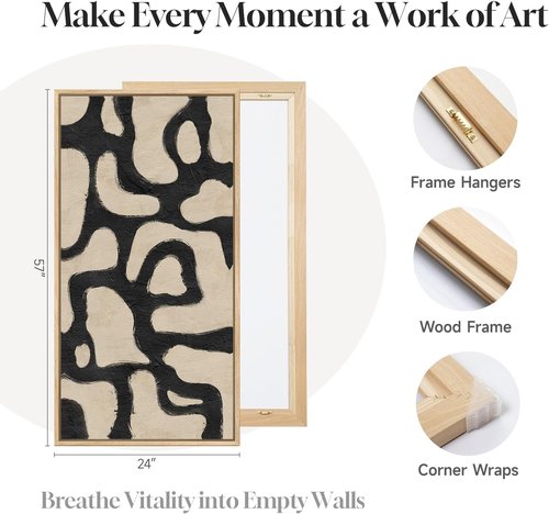 Framed Neutral Abstract Wall Art - Extra Large Black & Beige Canvas Print | Modern Mid-Century Decor 30x60 Inch