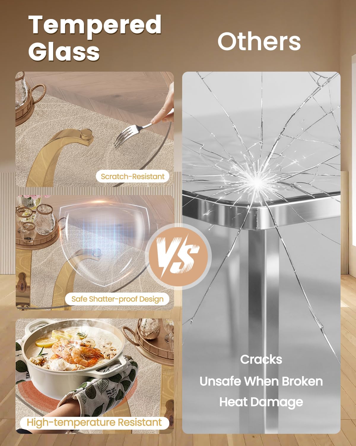 47.2" Round Glass Dining Table for 4-6, Modern Dining Room Table with Circular Tempered Glass Tabletop, Kitchen Table with Stainless Steel Frame for Dining Room, Kitchen, Apartment, Dwelling (Golden)