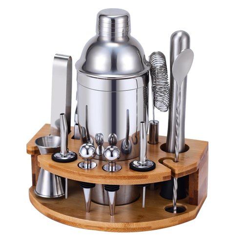 Cocktail Shaker Set Bartender Kit with Stand, 12 Piece Drink Mixer Set with Stainless Steel Bar Accessories Tools: 25oz Martini Shaker Jigger Strainer Spoon Muddler for Cocktails (Silver)