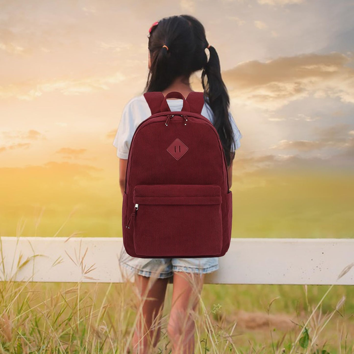 Esfoxes Corduroy Backpack for Girls, Kids Teens Elementary Middle High School Bags Women College Bookbags Travel Daypacks (Wine)