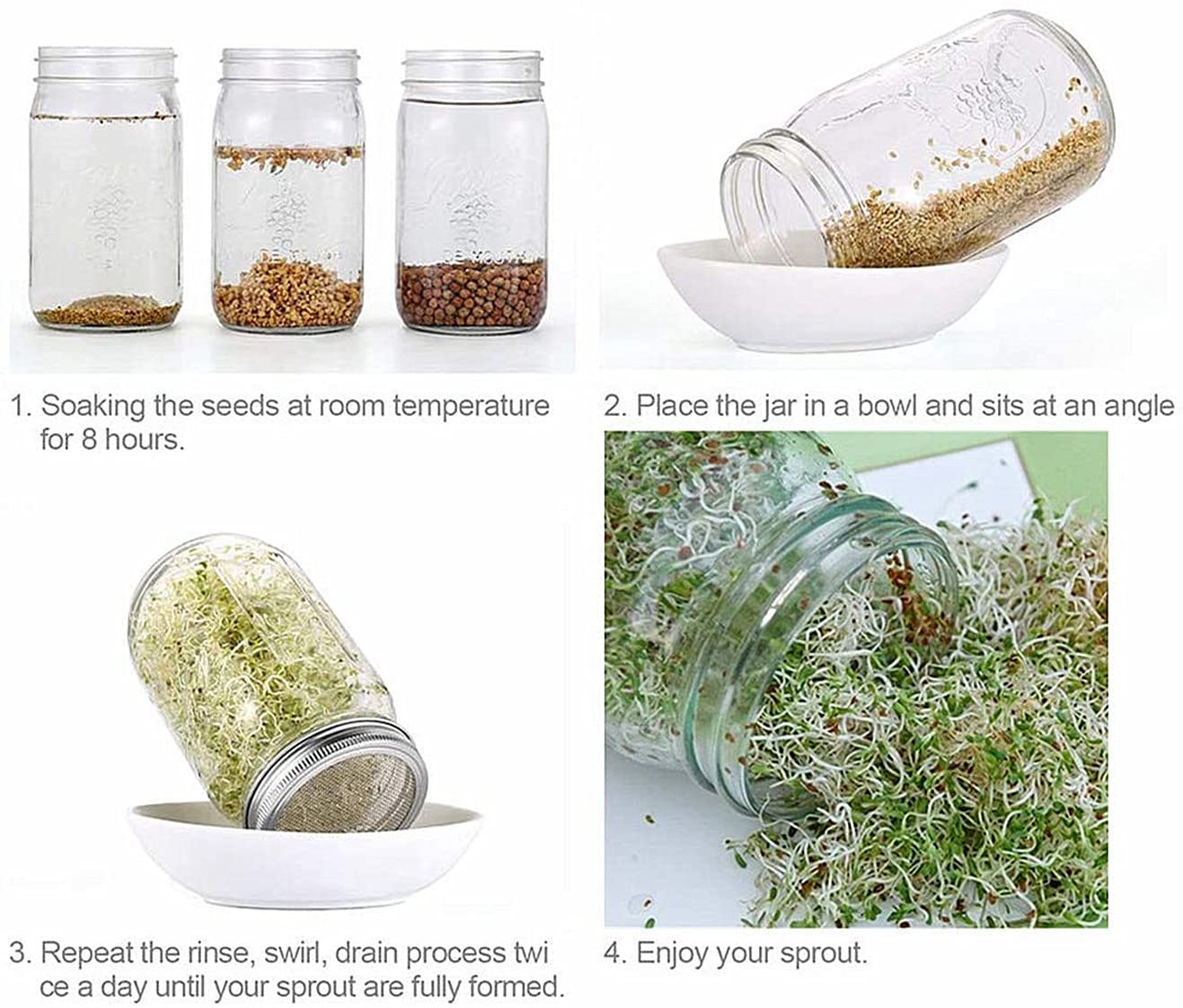 Mason Jar Shaker Lid 316 Stainless Steel Wide Mouth Mason Jar Sprouting Mesh Strainer Lids Kits for Mason Jars Canning Lid 4 Pack Silver
