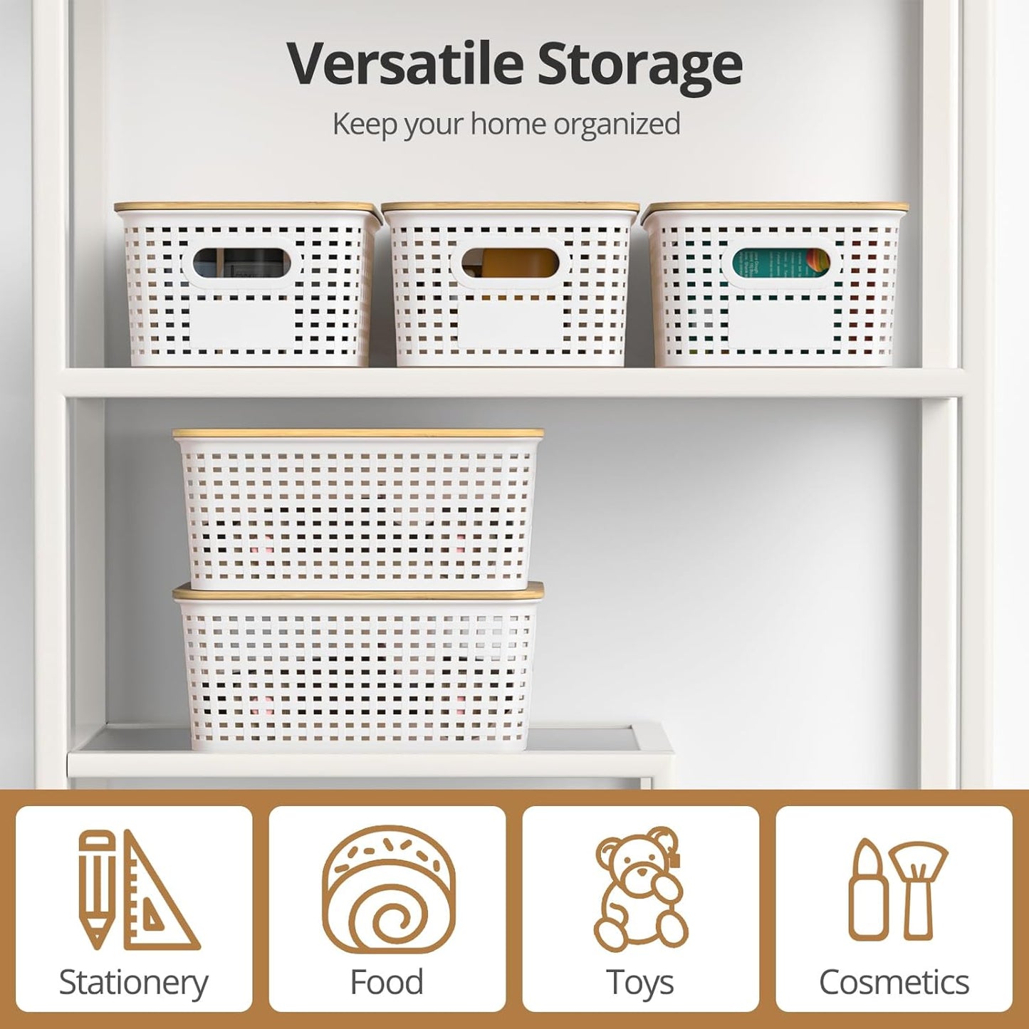 Plastic Storage Baskets - Stackable Organizing Bins with Bamboo Lids | 6-Pack, 10.2x7.2x4.1 Inch, White