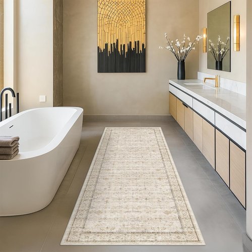 Beige Boho Bathroom Rug - Non-Slip Washable Floral Runner 2x7 for Kitchen, Hallway & Entryway