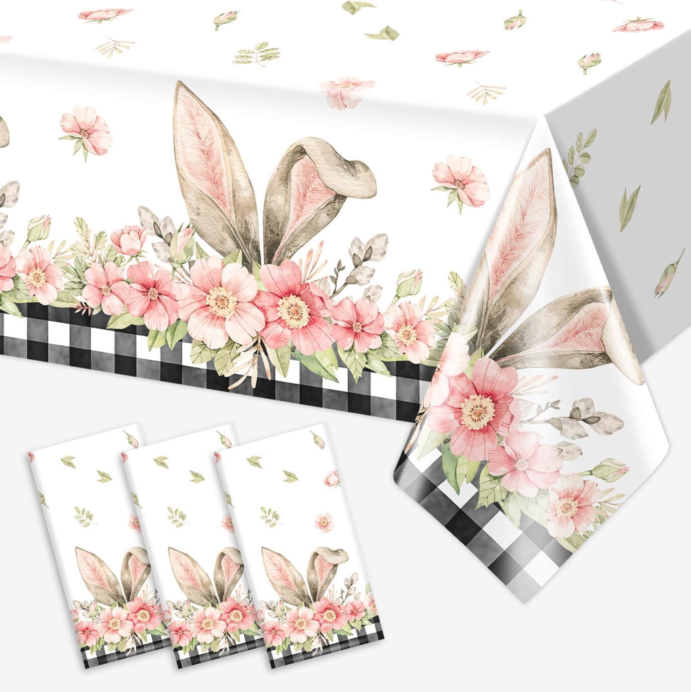 Vanulus 3PCS Spring Bunny Buffalo Plaid Tablecloth Disposable Waterproof Rectangular Bunny Ear Foot Flower Easter Plastic Table Cloth for Happy Easter Party Decorations Supplies 54x108 inch