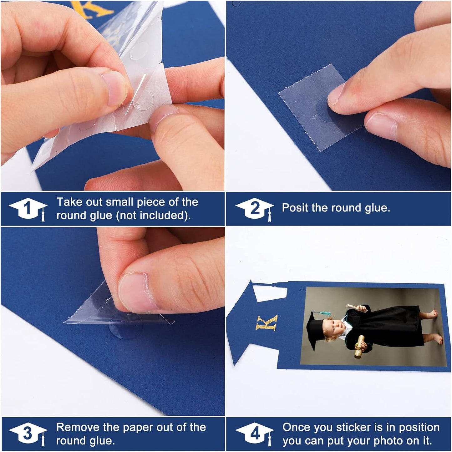 Whaline Graduation Photo Banner - No DIY Required | Blue Gold Glitter Bunting for 5 x 7 Inch Pictures