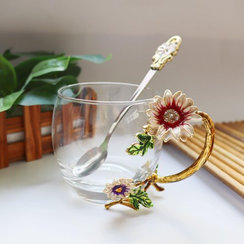 FDINF Tea Cup Gifts for Mom Women Mothers Day Glass Coffee Enamels Mug Birthday Butterfly Rose Gifts for Her Valentines Day Christmas Tea Cup with Spoon (A-Cup-Short-Chrysanthemum)