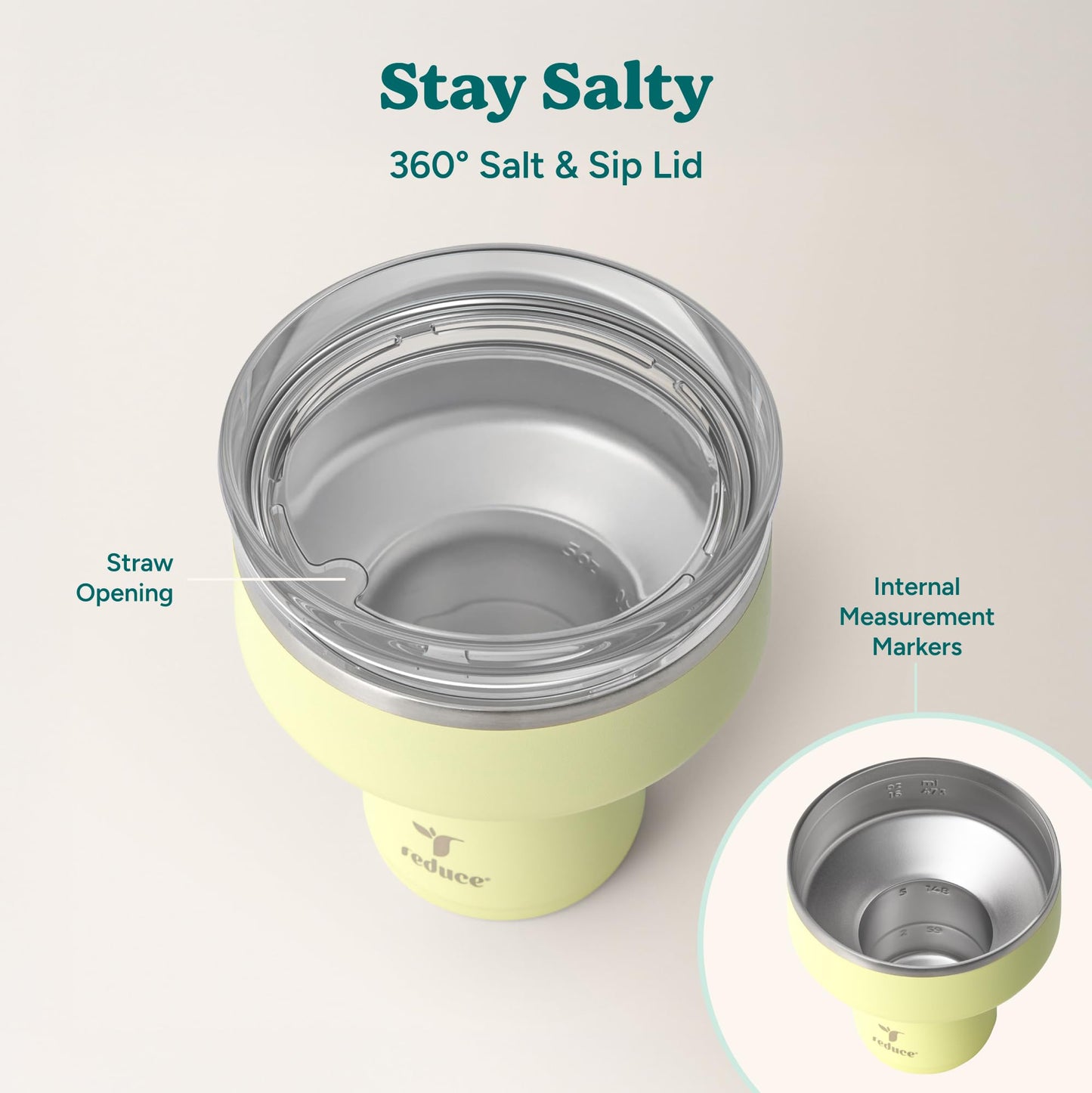 REDUCE Saltini 16 oz Cocktail Tumbler - Insulated Margarita Tumbler with Lid - Keeps Drinks Cold for 10 Hours - 360 Sippable Martini Glass Alternative - Shatterproof, Perfect for Parties - Lemon Luau