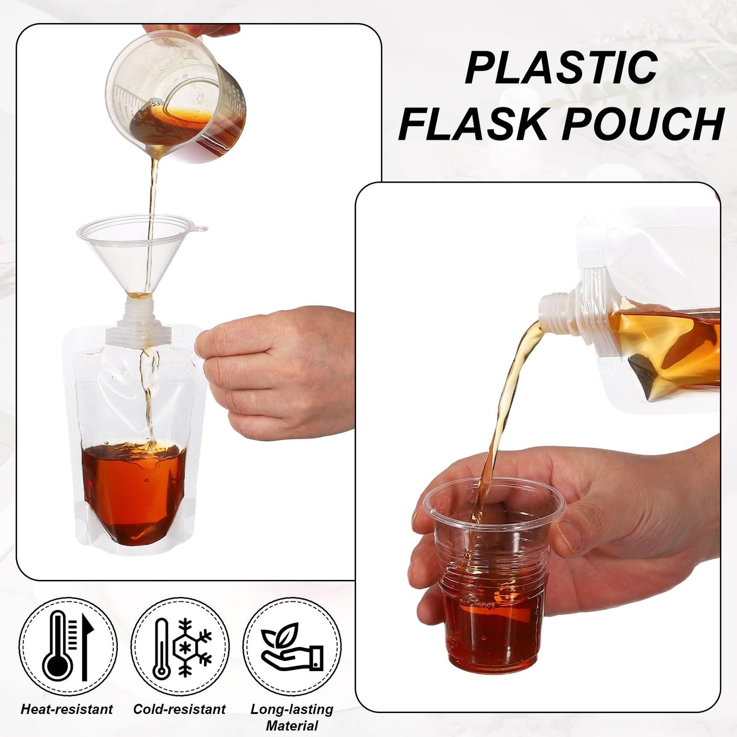 uxcell 12 Pcs Plastic Flask, 1oz Reusable Drink Pouches Water Drinking Flasks with Funnel Leak-Proof for Travel Outdoor Sports, Caliber 0.3 in
