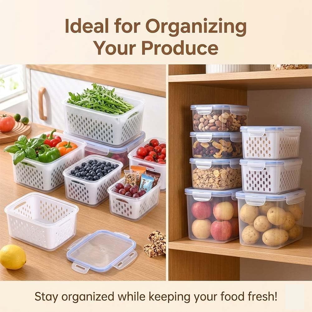 Skiennix 4-in-1 Food Storage Containers - Transparent Plastic with Lids & Drain Basket | Gray (S, M, L)