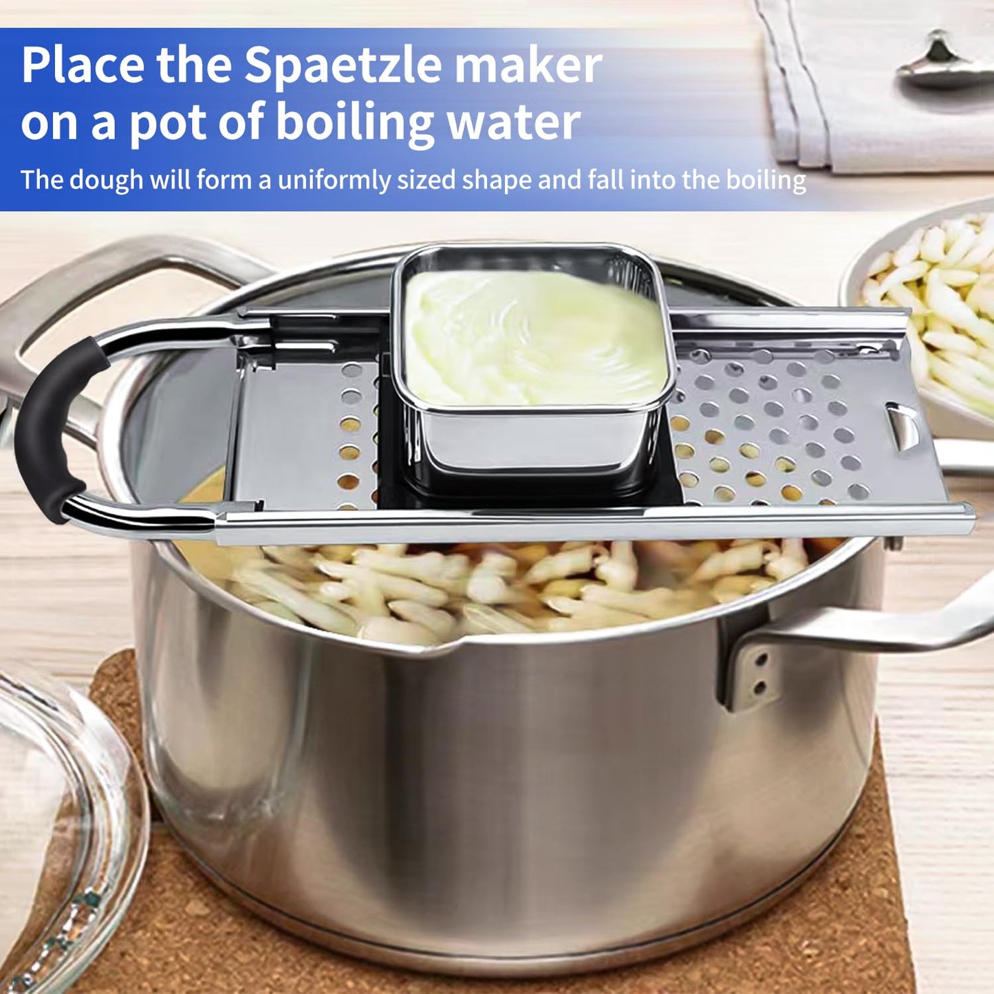 Mlesi Premium Grade Stainless Steel Spaetzle Maker Widen Plastic Handle Homemade Egg Noodle Dumpling Perfect Sized for pots and Pans Making Tool