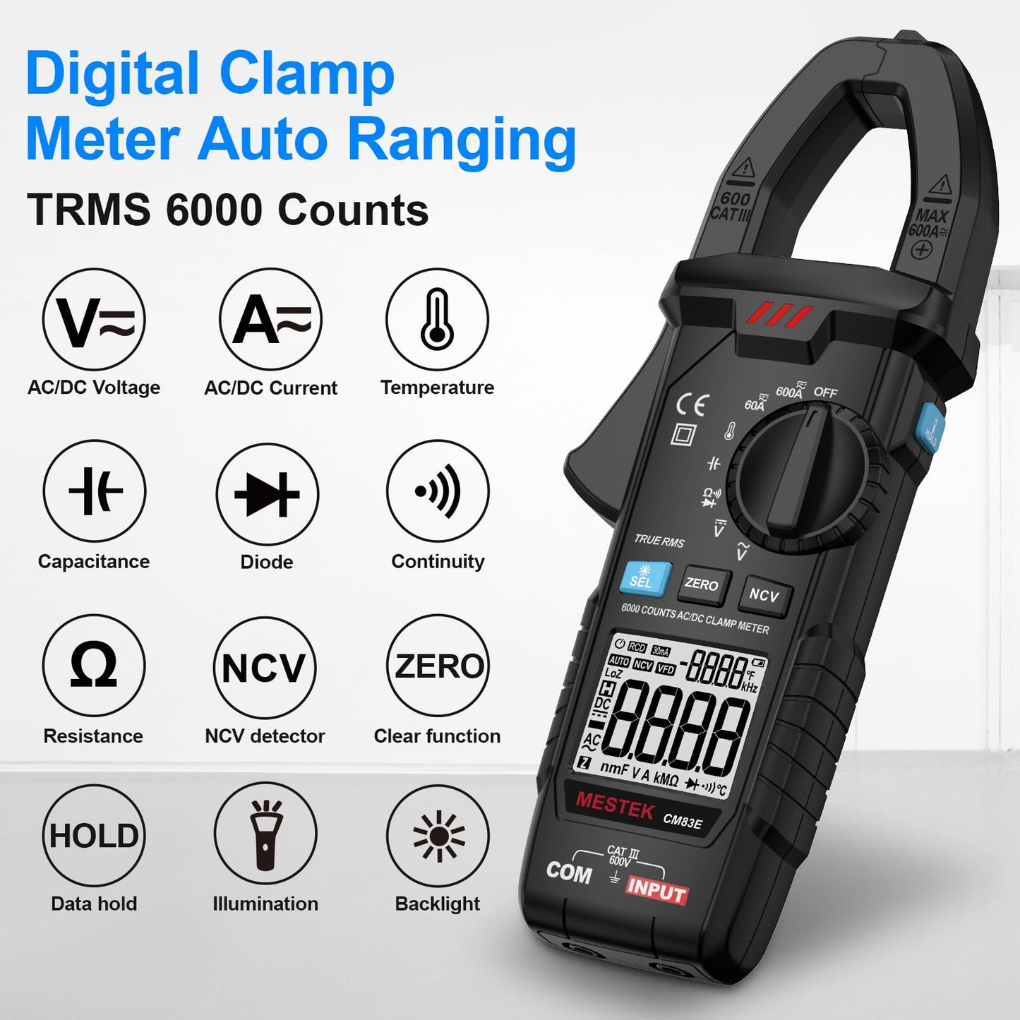 MESTEK Digital Clamp Meter Multimeter, TRMS 6000 Counts 600A Current Amp Volt Meter, Auto-Ranging Voltage Tester Measures AC DC Current Voltage Resistance Capacitance Temperature Diodes Continuity NCV