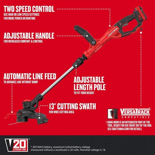 CRAFTSMAN V20 Cordless Weed Wacker - Lightweight String Trimmer & Edger with 2.0 Ah Battery & Charger