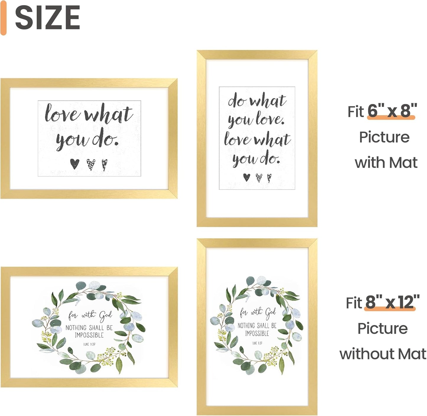 Upsimples 8x12 Picture Frame Set of 5 - Gold Wall Gallery Frames for 6x8 Photos with Mat or 8x12 Without