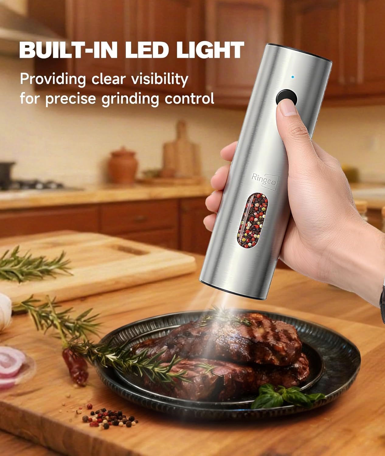 Ringco Electric Salt and Pepper Grinder Set - Rechargeable Mill with Adjustable Coarseness & LED Light | 110ml Capacity for Kitchen & Outdoor Use