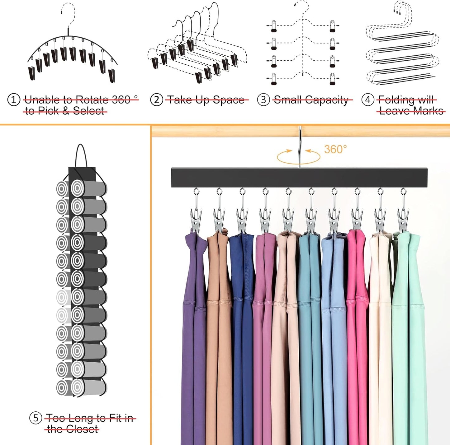 Skiennix Legging Organizer - 360° Rotating Closet Hangers for 20 Pants, Jeans, and Shorts | 2-Pack