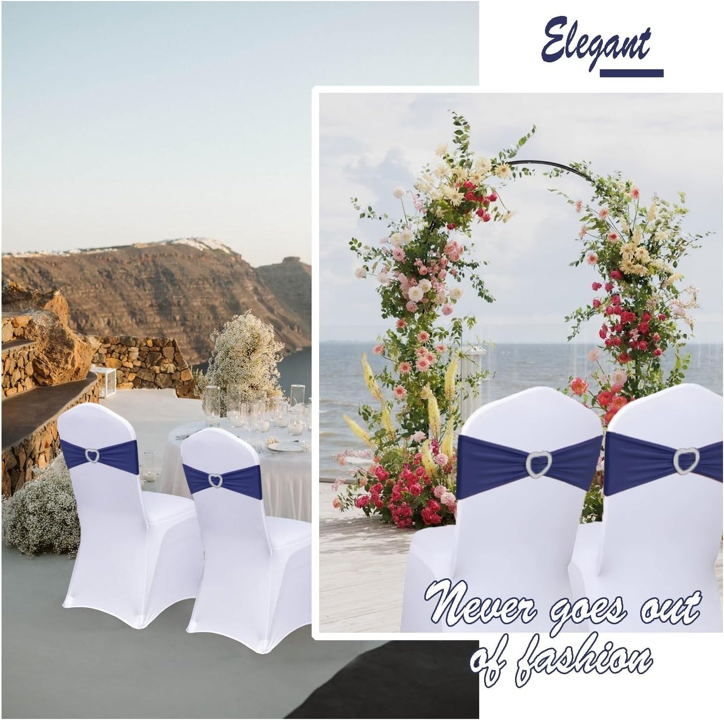 Skiennix Navy Blue Chair Sashes - 30 Pack Elastic Chair Bands with Heart Buckle for Weddings & Parties