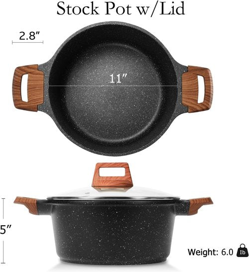 ESLITE LIFE Nonstick Stock Pot - 7 Quart Granite Casserole for Soup & Pasta | Induction Compatible, Black