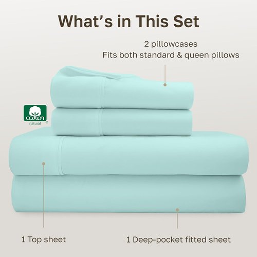 California Design Den Queen Size Bed Sheets Set - 100% Cotton, 400 Thread Count, Smooth Sateen Finish, Seafoam Color
