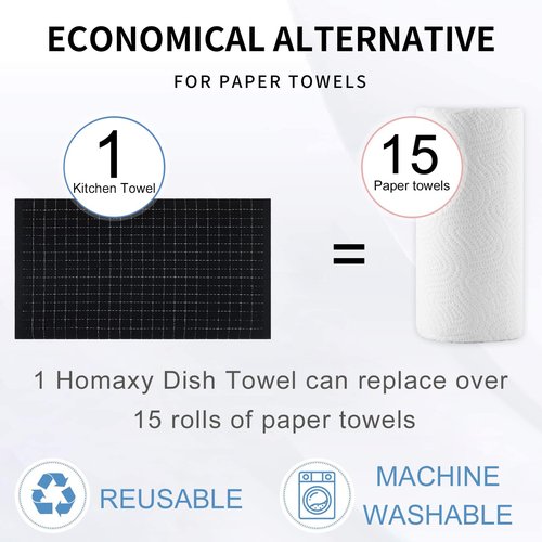 Homaxy 100% Cotton Terry Kitchen Towels(Black, 20 x 28 inches), Checkered Designed, Soft and Super Absorbent Dish Towels, Large 4 Pack