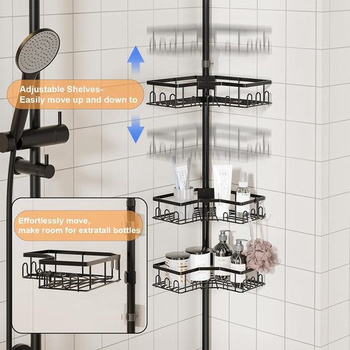 Corner Shower Caddy Tension Pole | 4-Tier Adjustable Bathtub Organizer - Space-Saving Black Design, 34in-120in