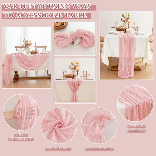 HOMEBROS Cheesecloth Table Runner, 10 Ft Boho Rustic Gauze Table Runner Sheer Wrinkled for Centerpiece Decor, Dusty Pink, 1 Pcs