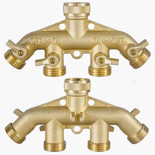 Hourleey Brass Garden Hose Splitter - 4-Way Solid Brass Connector with 4 Valves & Extra Washers