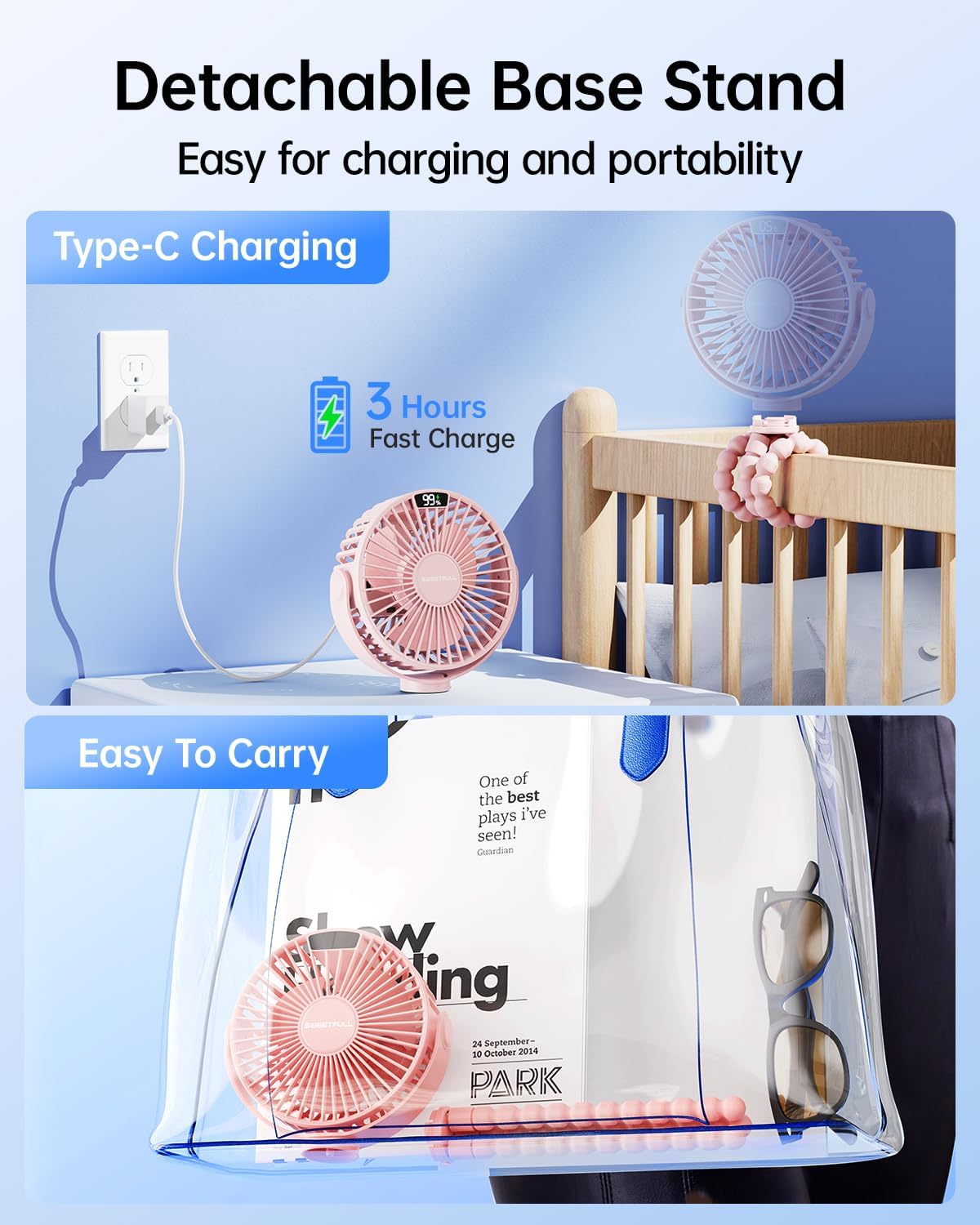 Sweetfull Portable Stroller Fan - 4-Speed Rechargeable Mini Clip-On Fan with LED Display | Pink
