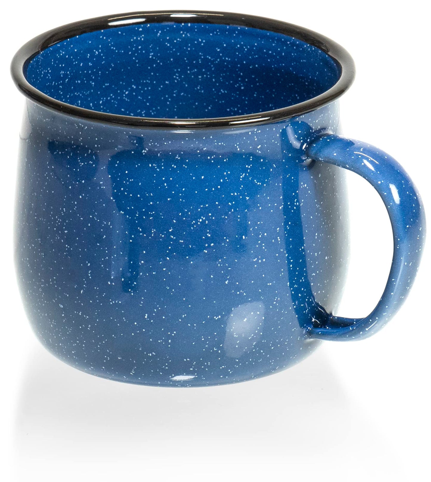 Red Co. Set of 4 Enamelware Metal 12 Oz Round Camping Coffee Mugs with Handle, White-Speckled Blue/Black Rim