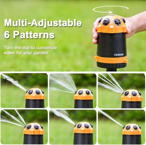 FANHAO Gear Drive Lawn Sprinkler - Heavy Duty 6-Pattern Irrigation System for Large Yards & Gardens