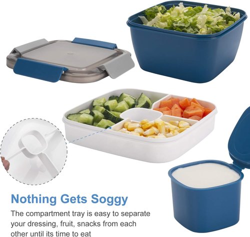 Freshmage Salad Lunch Container - 52 oz Salad Bowl with 3 Compartments & Dressing Container | Blue