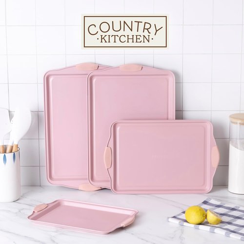 Country Kitchen Nonstick Bakeware Set - Heavy Duty, Easy Release, Stackable Design | Pink, 4 Pieces