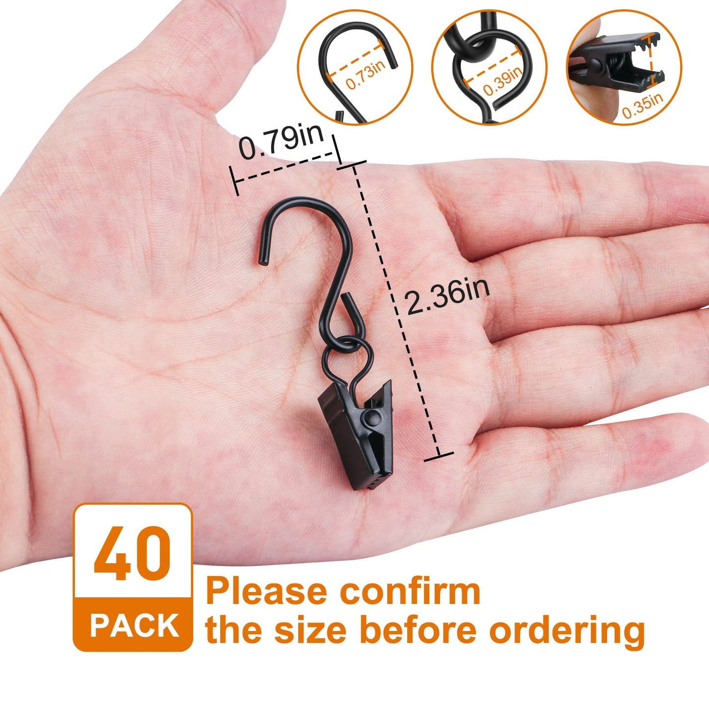 40 PCS Curtain Clips with S Hooks for Outdoor String Lights, Stainless Steel S Hooks with Clips for RV Awning and Gutter Lights (Black)