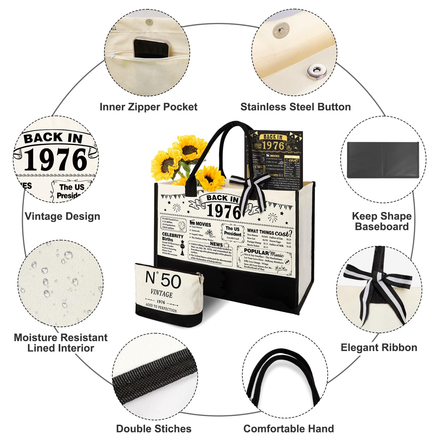 YeohJoy 50th Birthday Gifts for Women Canvas Tote Bag Travel Gear, Unique 50 Years Old Gifts for Wife Sister Mom Aunt Friends Her, Vintage N°50 Beach Bag & Cosmetic Bag & Back in 1976 Poster