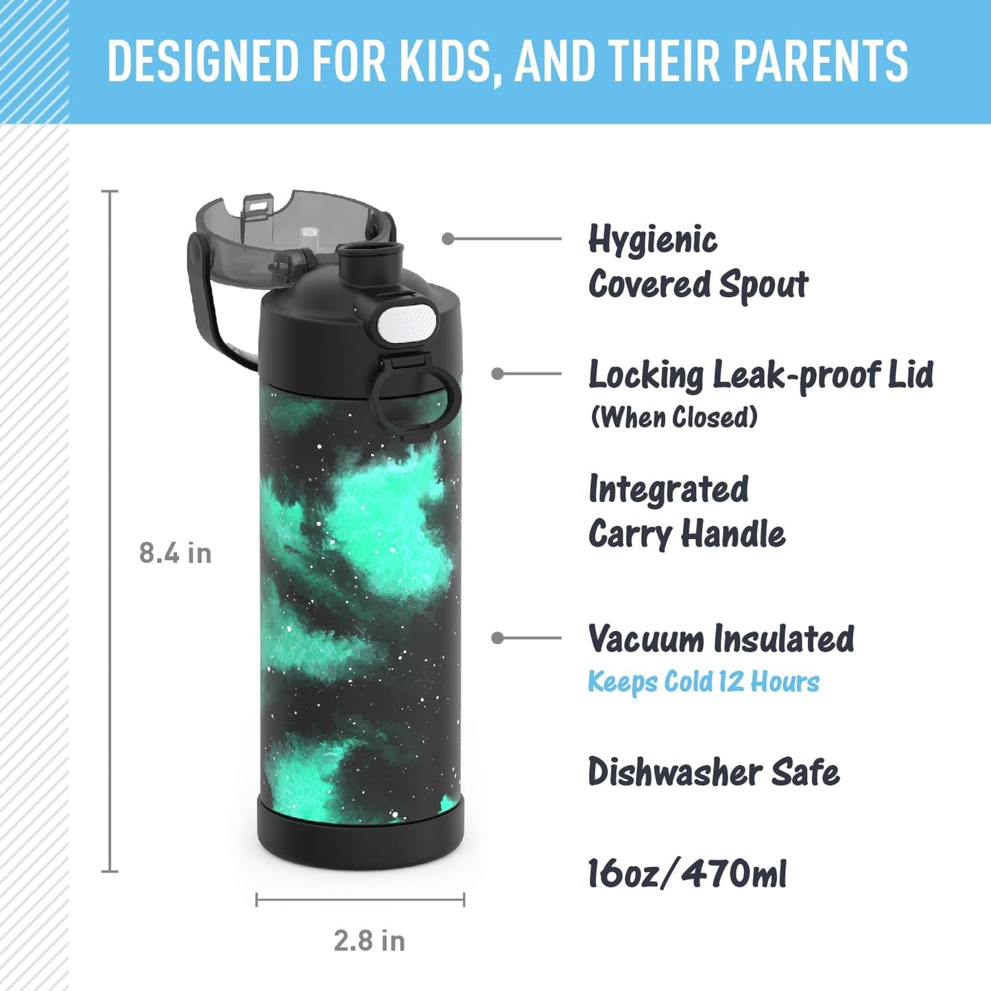 THERMOS FUNTAINER 16 Ounce Stainless Steel Insulated Bottle - Galaxy Green, Wide Spout Lid