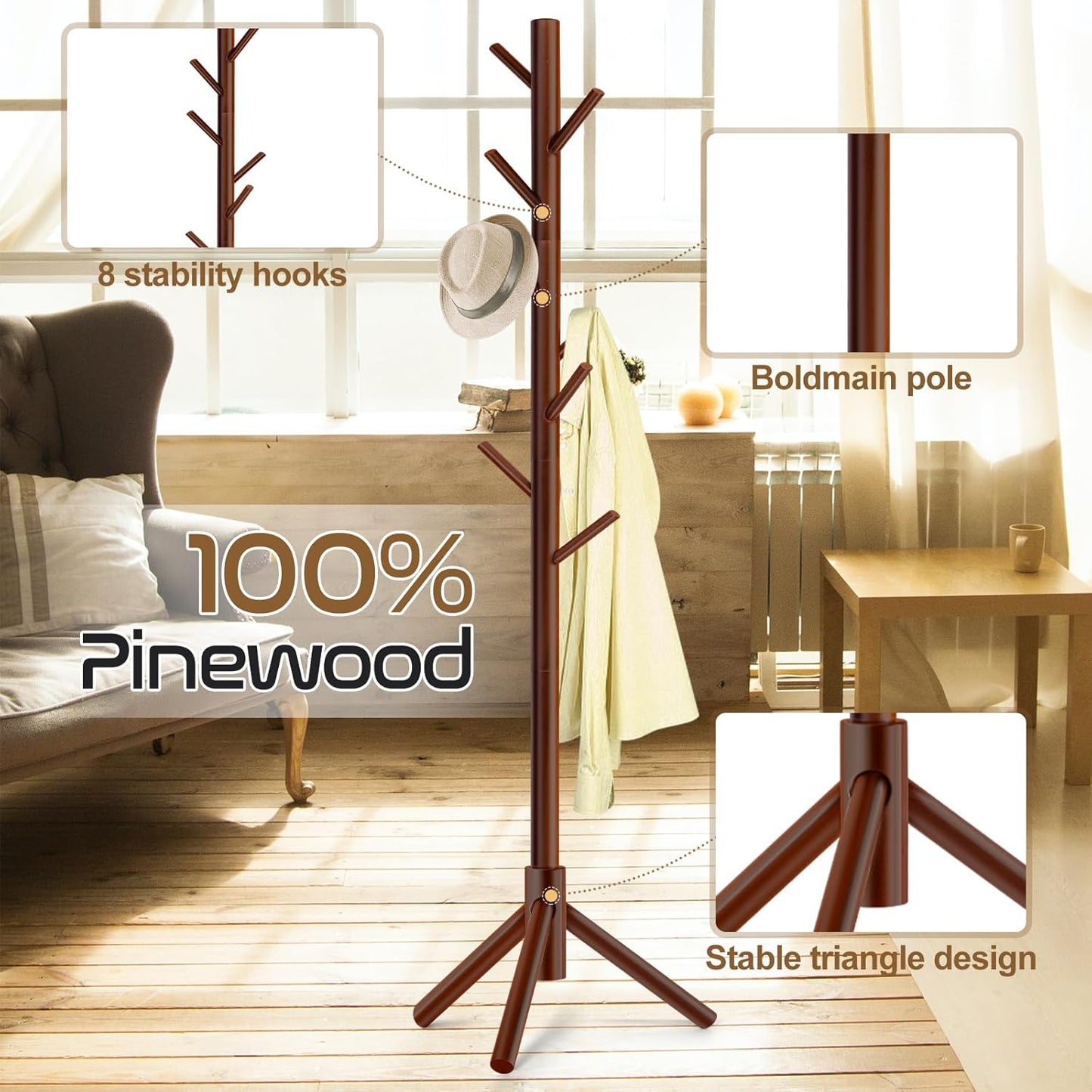 Solid Wooden Coat Rack - Freestanding New Zealand Pine Tree with 8 Hooks | Adjustable Sizes for Coats, Hats, and Handbags (Brown)