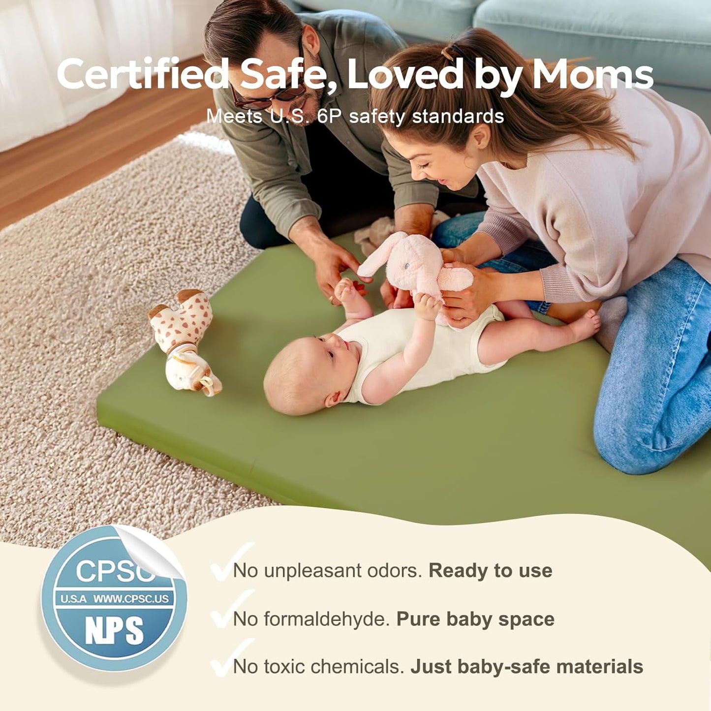 Mallify Baby Play Mat - Thick, Soft, Non-Toxic Vegan Leather | Waterproof Foam, 50x50, Green