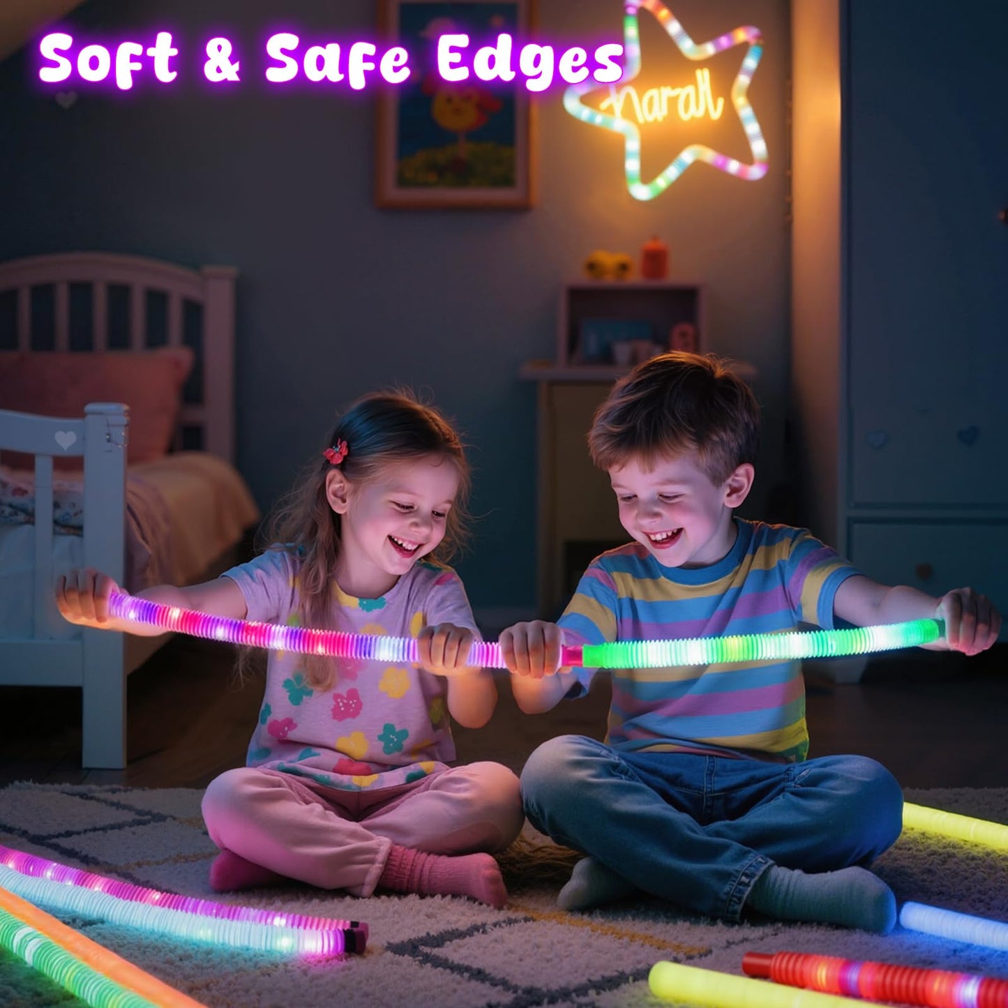 LovesTown 24PCS Light Up Glow Sticks Pop Tubes for Party Favor, Glow in the Dark Party Favor Supplies for Kids Supplies, Light Up Necklace Bracelet Accessories for Boys Girls Birthday