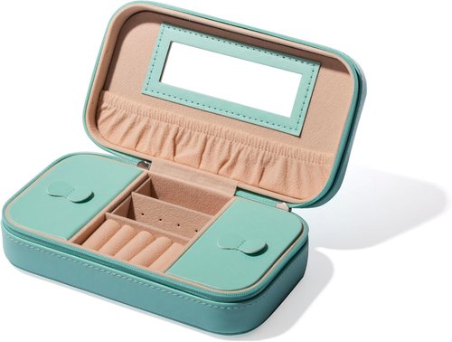 BINO Jewelry Case - Stylish Portable Organizer with Mirror | Compact Travel Box for Earrings, Rings, Necklaces (Aqua)