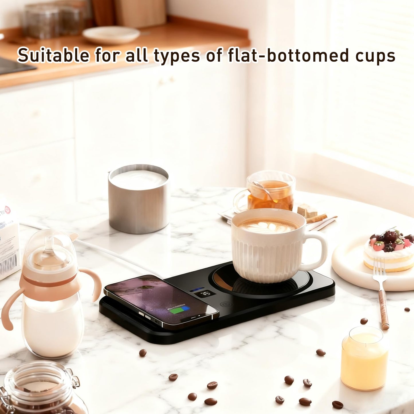 Wireless Coffee Mug Warmer Smart Cup Warmer for Office Desk,Multifunction Electric Beverage Warmer Plate, Type-C Heating Coaster Drink Warmer (Black)