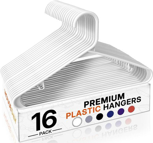HOUSE DAY White Plastic Hangers - 16 Pack Non-Slip Space-Saving Clothes Hangers for Closet