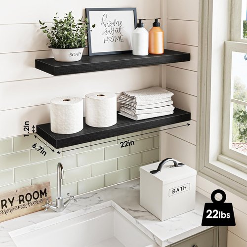 Fixwal Black Floating Shelves - 22" Rustic Wall-Mounted Storage for Living Room, Bedroom & Kitchen | Set of 2